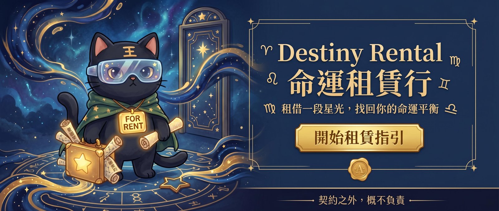 命運租賃行主視覺，奧德帶著星光租賃契約引導開始租賃